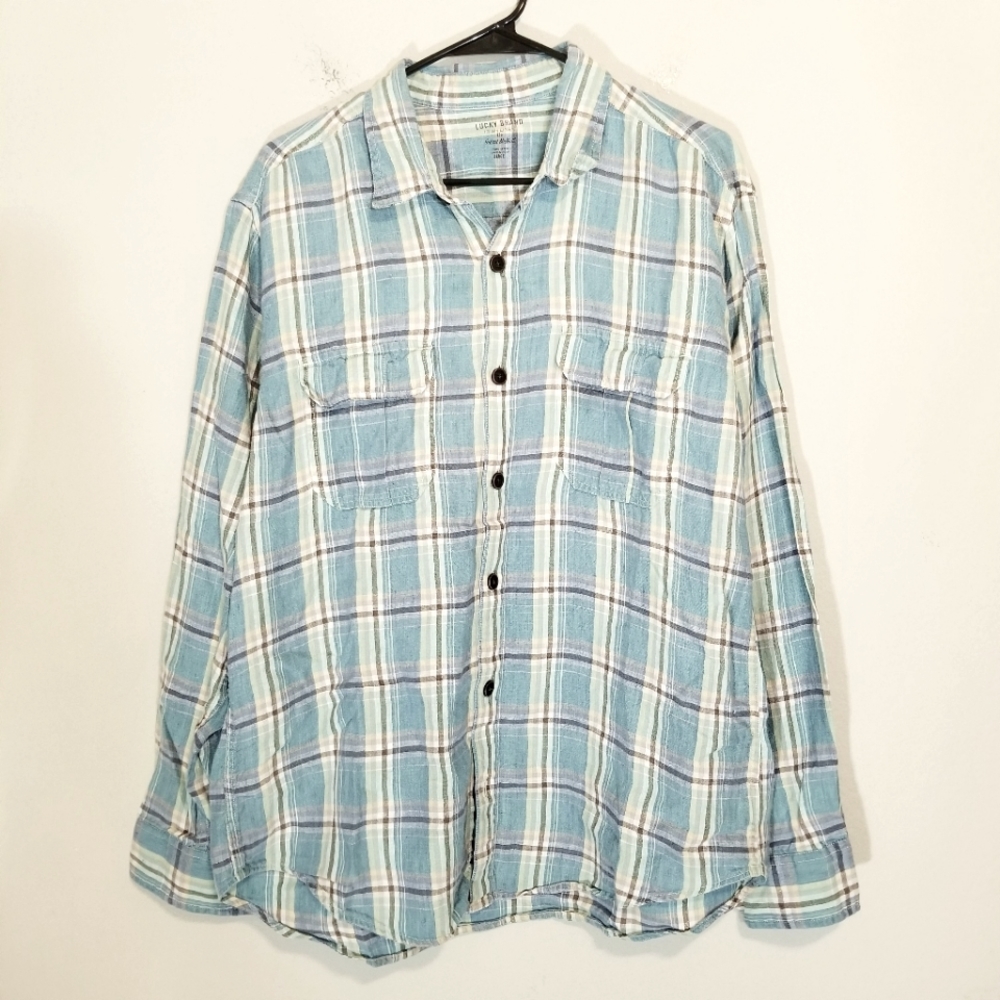 Lucky Brand Baird McNutt Linen Shirt Mens Large Button Up Blue Plaid Long Sleeve